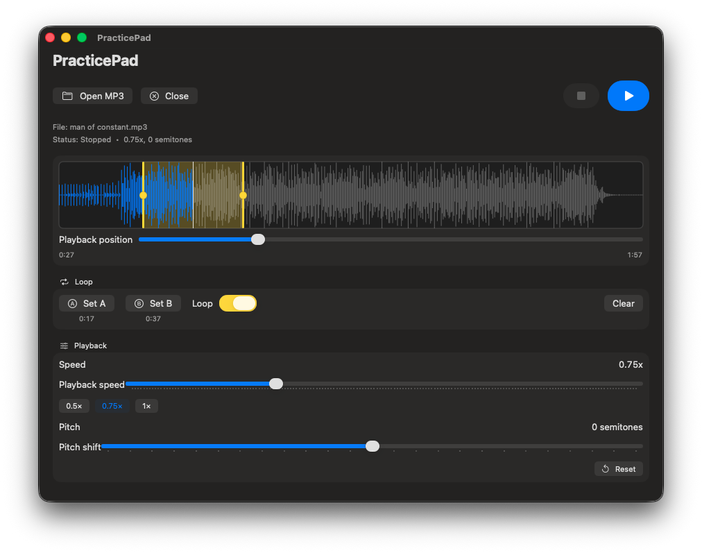 The PracticePad window, showing the waveform with an A-B loop selected alongside the speed and pitch controls.